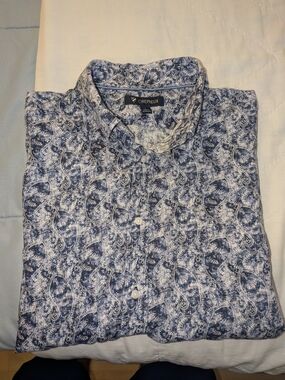 Daniel Cremieux Navy and White Paisley Button-Down Linen Shirt